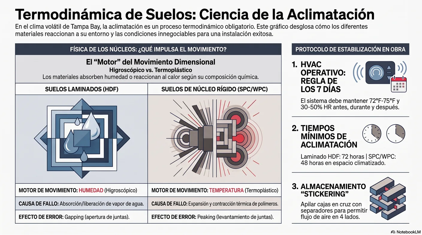 Comparativa de los dos núcleos: el HDF higroscópico se mueve por humedad y abre juntas, mientras el SPC termoplástico se mueve por temperatura y levanta juntas.