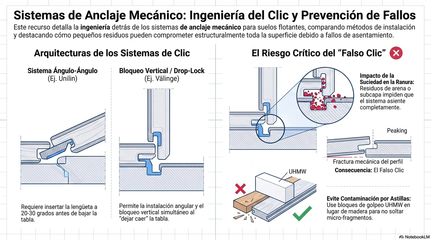 Diagrama de los dos sistemas de clic: ángulo-ángulo, que se inserta y baja, y bloqueo vertical drop-lock, con el riesgo de falso clic por residuos en la ranura.