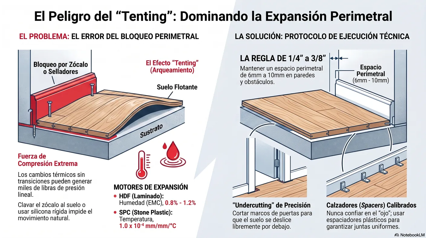 Diagrama del tenting: un zócalo que aprisiona el piso o silicona rígida en la junta anula la expansión y el suelo se levanta del subsuelo.