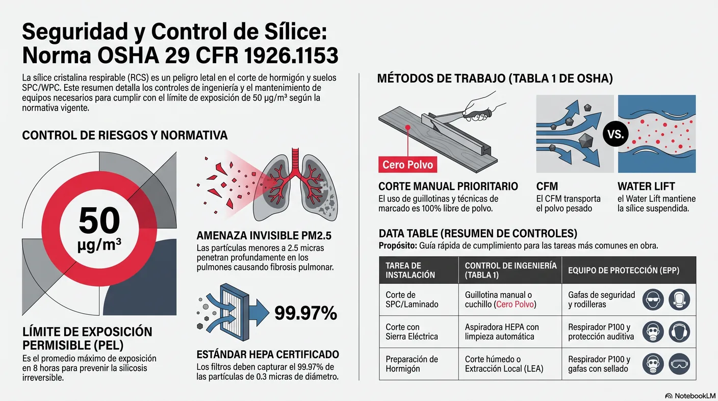 Imagen-tabla que resume la norma de sílice de OSHA: límite de exposición de 50 microgramos, nivel de acción de 25 y los controles de la Tabla 1 por tarea.