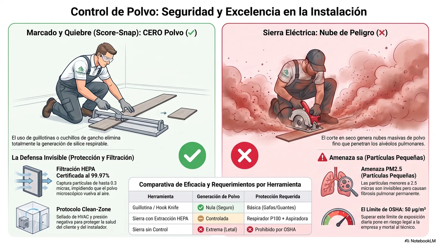 Diagrama que contrasta el corte por marcado y quiebre, sin polvo, con el corte con sierra, que genera polvo masivo y exige extracción HEPA o corte húmedo.
