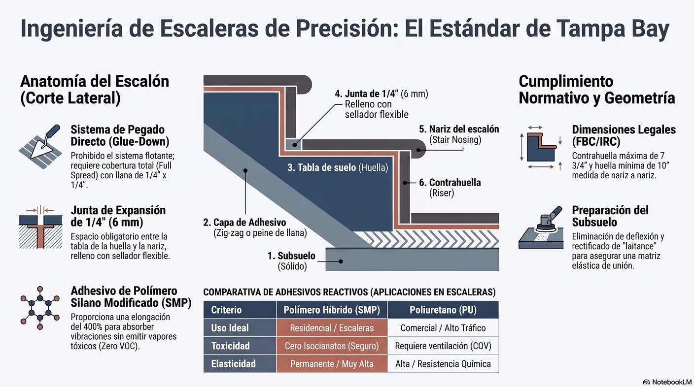 Corte de un escalón con piso pegado señalando huella, contrahuella y nariz, con la junta de expansión de un cuarto de pulgada bajo el voladizo.