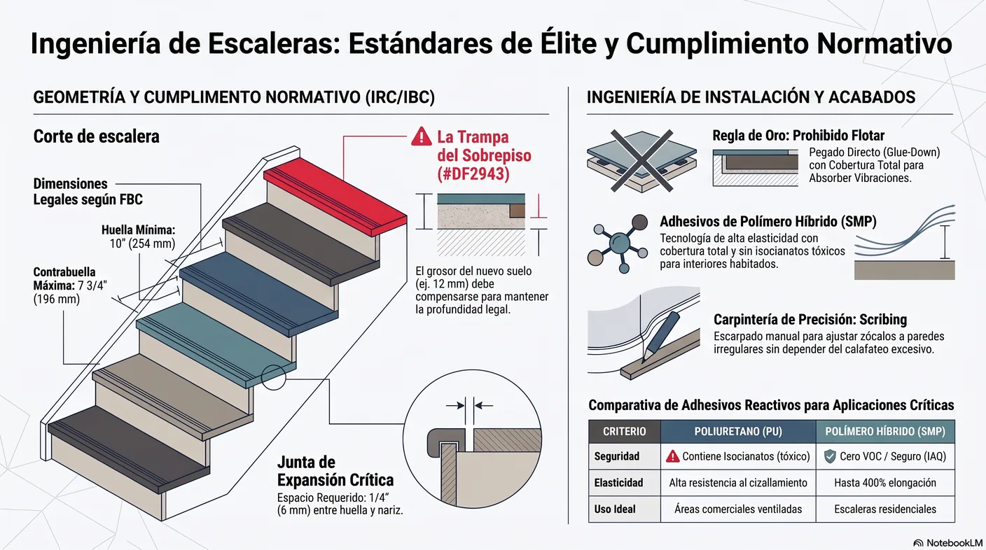 Diagrama acotado de una escalera con la contrahuella máxima de siete tres cuartos de pulgada y la huella mínima de diez pulgadas, y la trampa del sobrepiso.