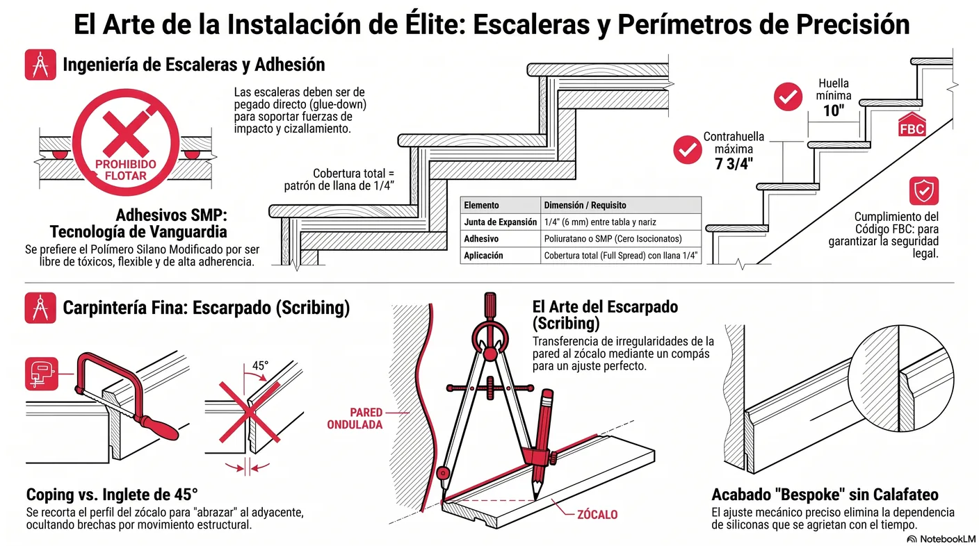 Diagrama del escarpado: un compás desliza por la pared irregular y transfiere su contorno exacto a la cara del zócalo para un ajuste sin brechas.