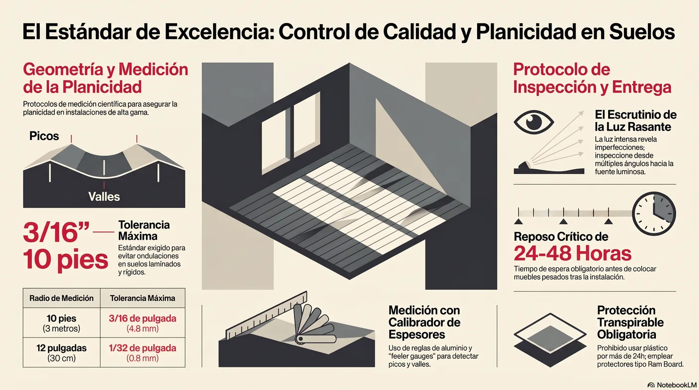 Diagrama de la óptica de inspección: la luz que entra rasante por una ventana proyecta sombras que exaltan los picos y valles del piso.