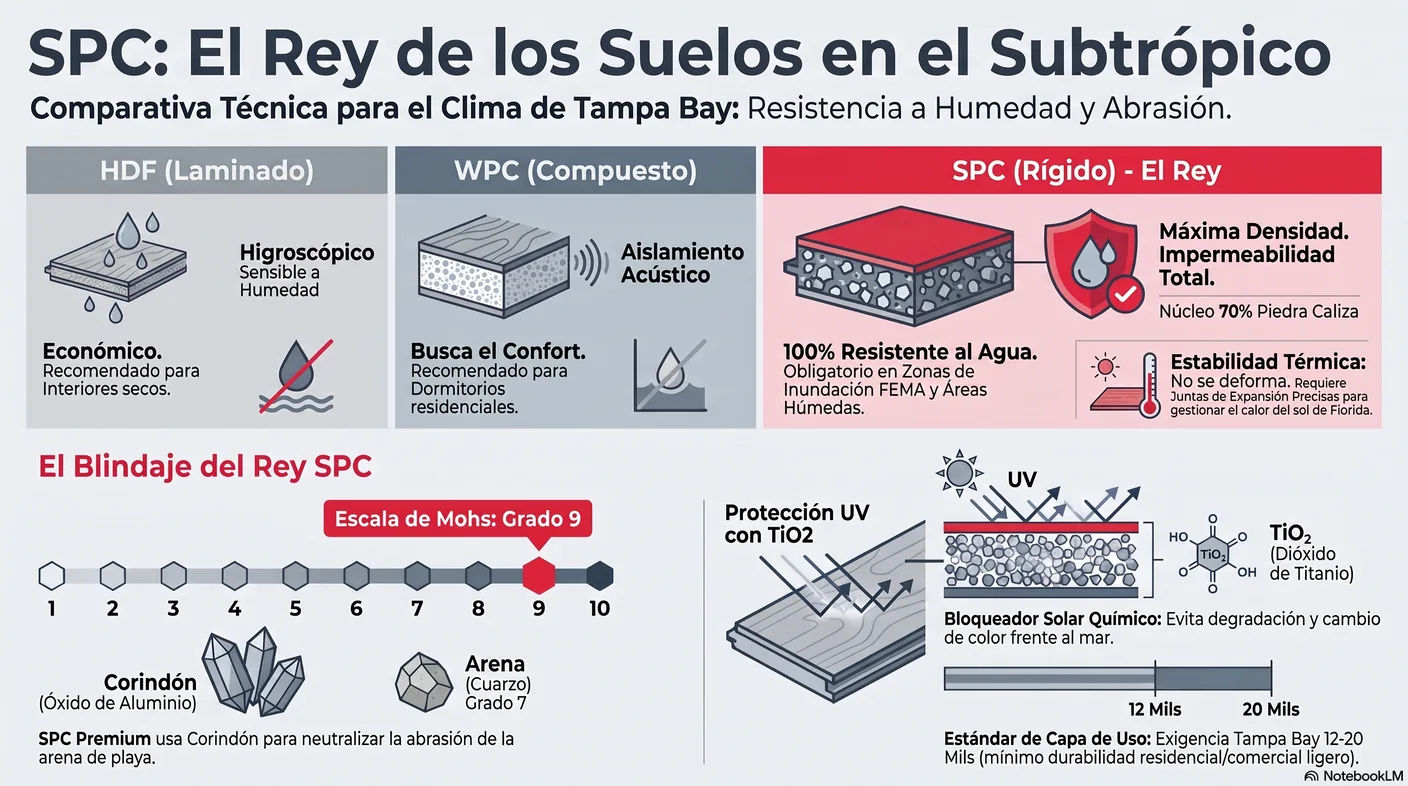 Imagen-tabla que compara los núcleos HDF, SPC y WPC en impermeabilidad, motor de movimiento, confort y uso recomendado en el subtrópico.