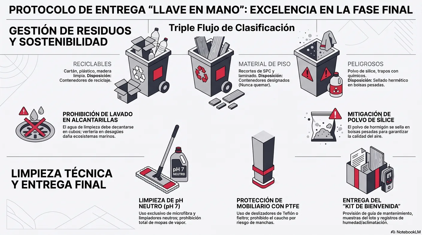 Imagen-tabla de la separación de residuos en tres flujos: reciclables, material de piso y residuos peligrosos o polvo de sílice.