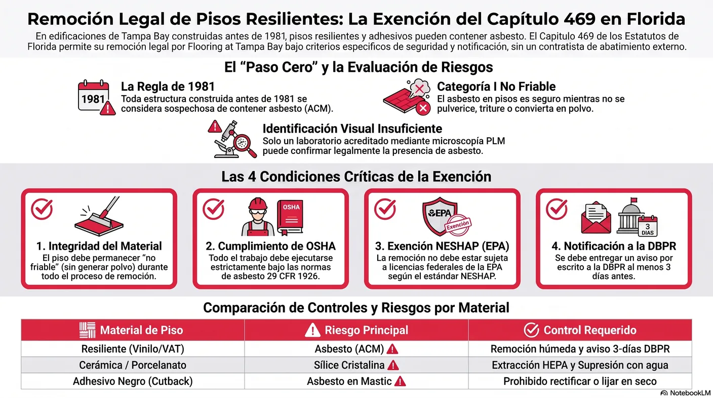 Infografía de las cuatro condiciones de la exención del Capítulo 469 para remover piso resiliente sin licencia de abatimiento.