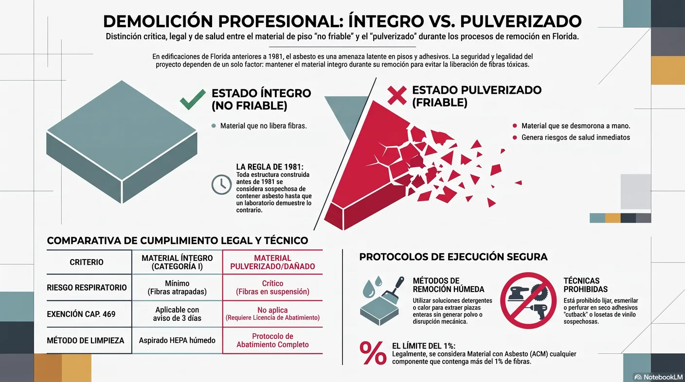 Diagrama que distingue un piso resiliente intacto, manejable, de uno pulverizado por un método agresivo, que se vuelve una fuente de fibras.