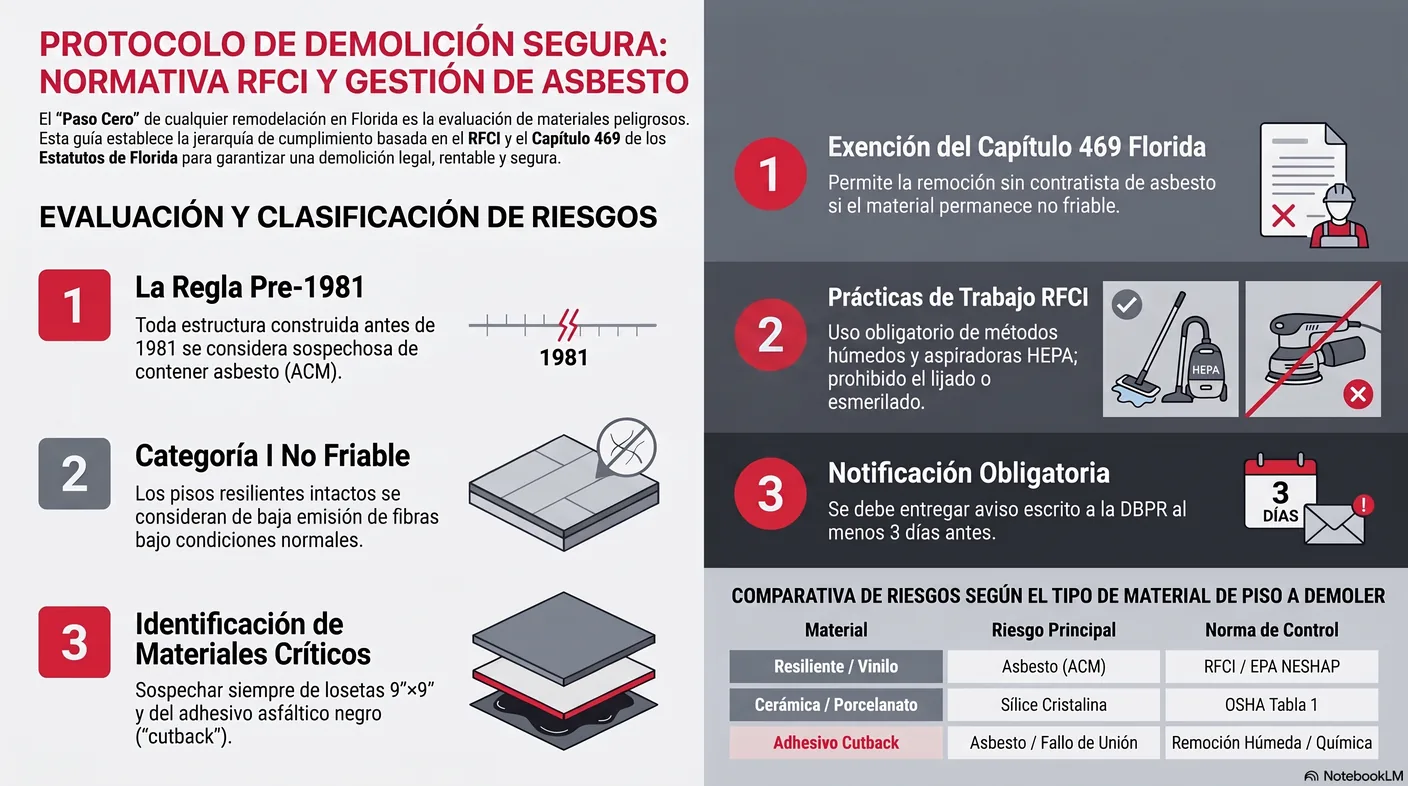 Infografía de las prácticas RFCI: primero, no remover e instalar encima; si es inevitable, remoción húmeda o calor, nunca pulverizar, y limpieza solo con HEPA.