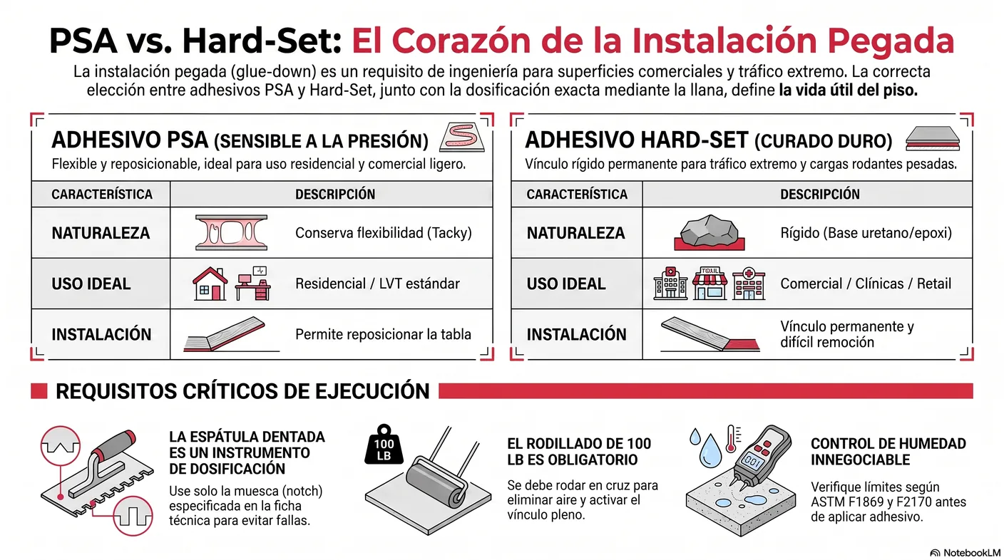 Imagen-tabla que compara el adhesivo sensible a la presión y el de curado duro en flexibilidad, reposicionamiento, remoción y uso recomendado.
