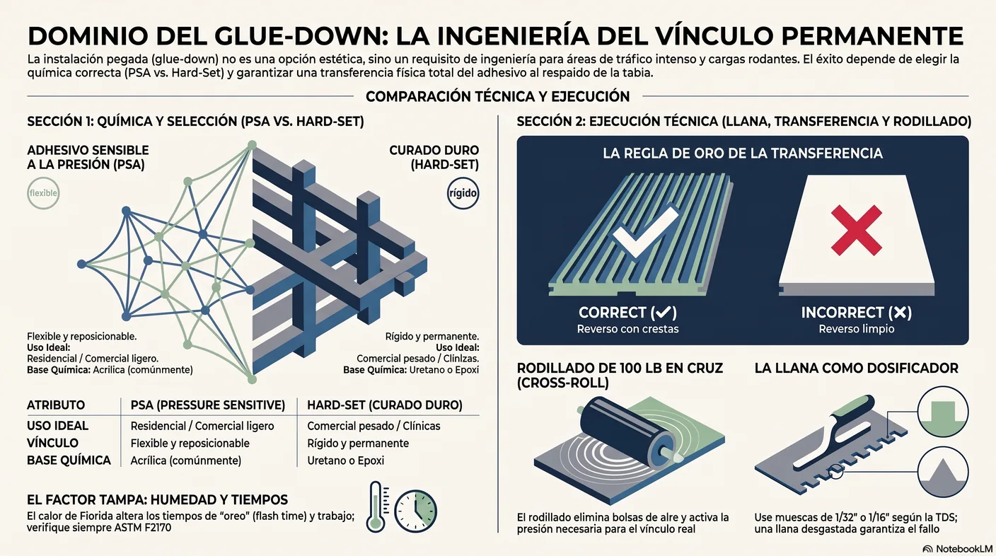 Diagrama de la prueba de transferencia: al levantar una tabla recién colocada, su respaldo debe mostrar adhesivo; sin transferencia no hay vínculo.
