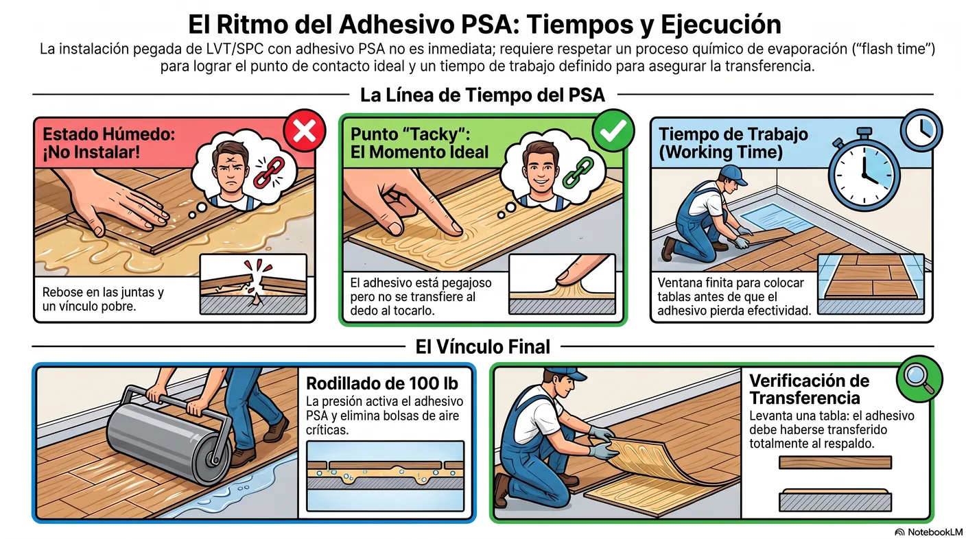 Diagrama de la línea de tiempo del adhesivo: tiempo de oreo hasta que está pegajoso, ventana de trabajo para colocar, y el error de instalar sobre adhesivo húmedo.
