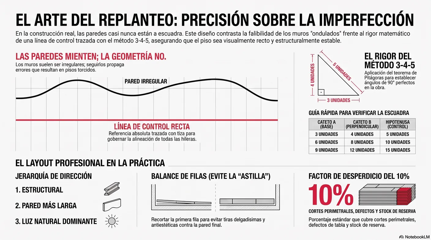 Diagrama que muestra por qué se replantea desde una línea de control de tiza y no desde una pared, que casi nunca está a escuadra.