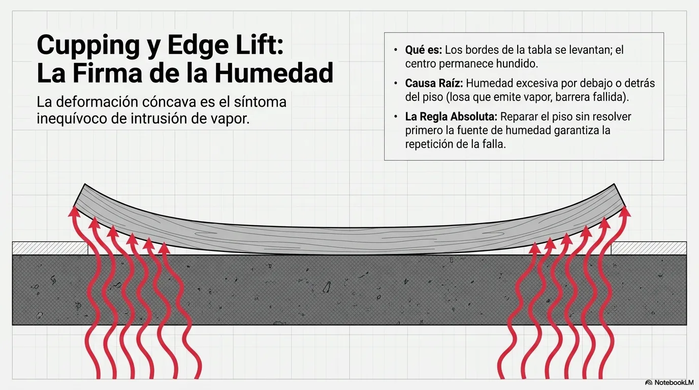 Diagrama del cupping: la humedad bajo el piso levanta los bordes de la tabla mientras el centro permanece plano.