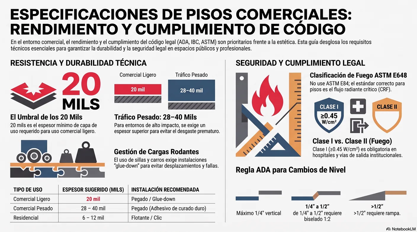 Imagen-tabla del espesor de capa de uso en mils según el tráfico: residencial seis a doce, comercial veinte o más, comercial pesado veintiocho a cuarenta.