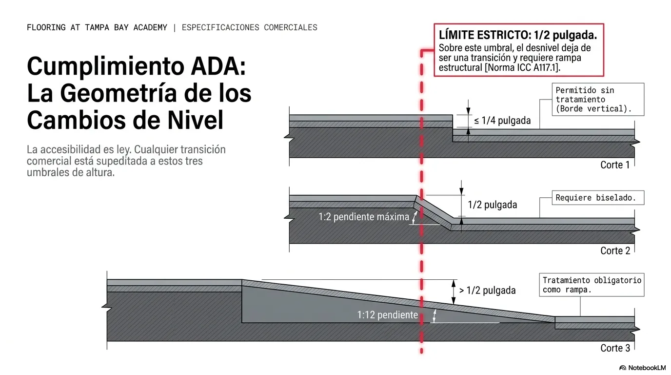 Diagrama de los cambios de nivel ADA: hasta un cuarto de pulgada vertical, de un cuarto a media biselado a uno a dos, y más de media pulgada como rampa.