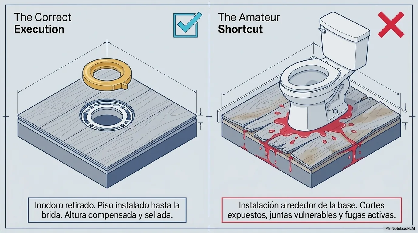Diagrama que muestra la forma correcta de retirar el inodoro e instalar el piso hasta la brida, frente al error de cortar el piso alrededor de la base.