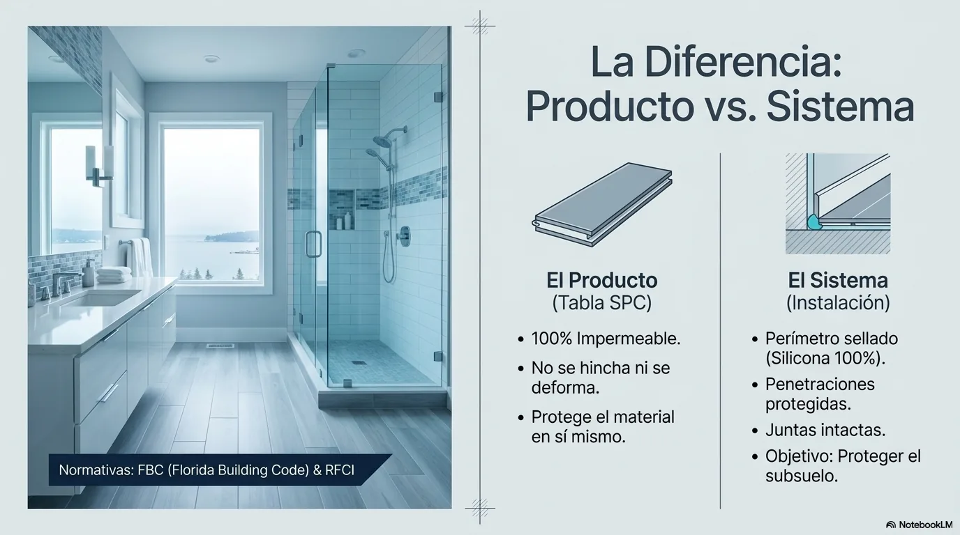Imagen-tabla que delimita dónde el piso de núcleo rígido es apto —baño, cocina, lavandería— y dónde nunca: dentro de duchas o como revestimiento de bañera.