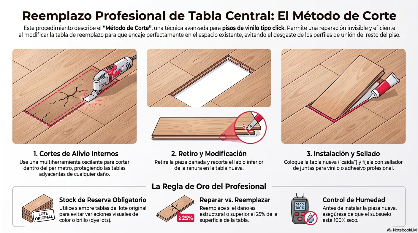 Diagrama del reemplazo por corte: cortes de alivio dentro de la tabla dañada y el recorte del labio inferior de la ranura para que la nueva tabla caiga en su lugar.