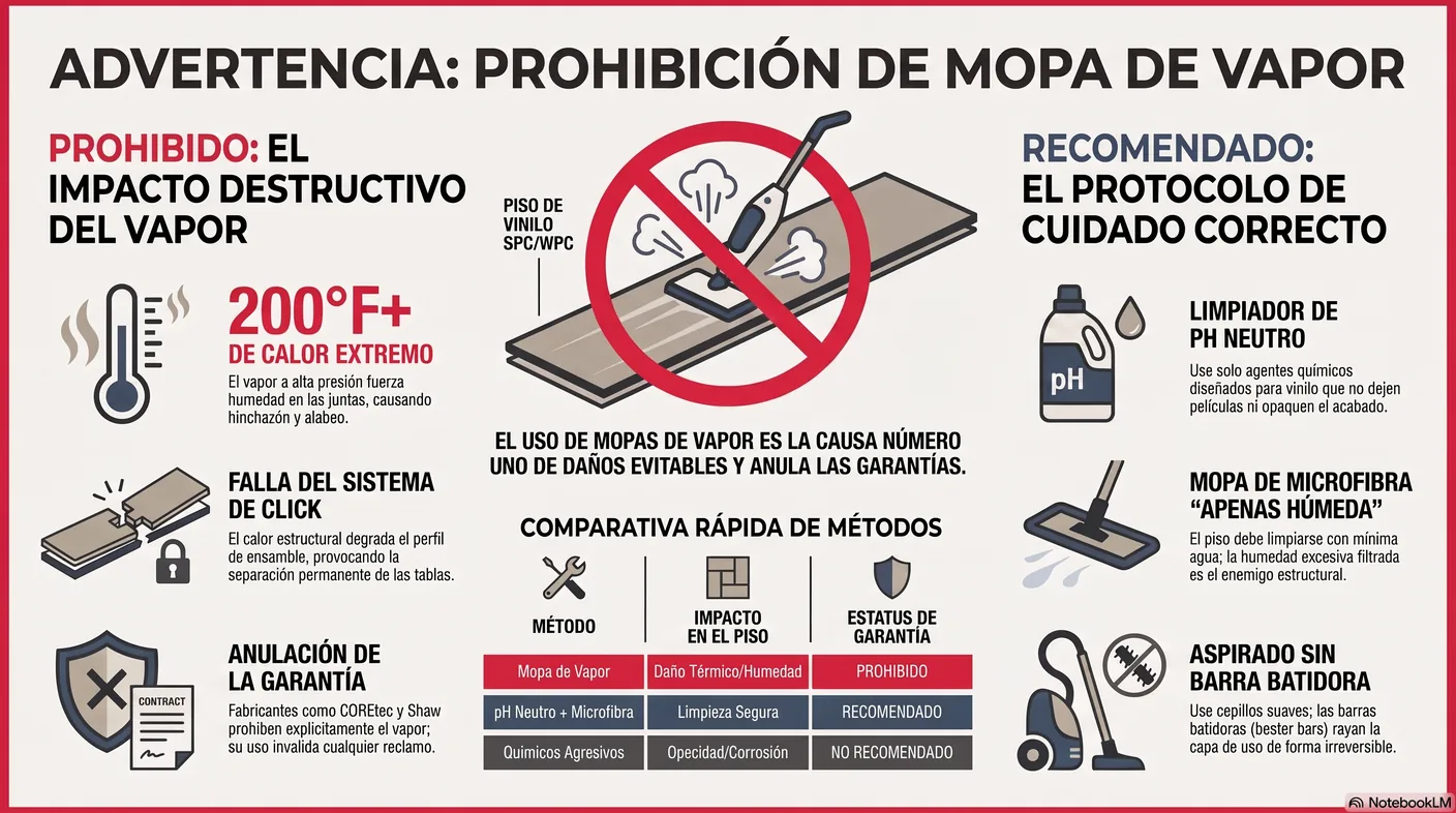 Aviso visual de que la mopa de vapor supera los doscientos grados, fuerza humedad en las juntas, causa falla del click y anula la garantía.
