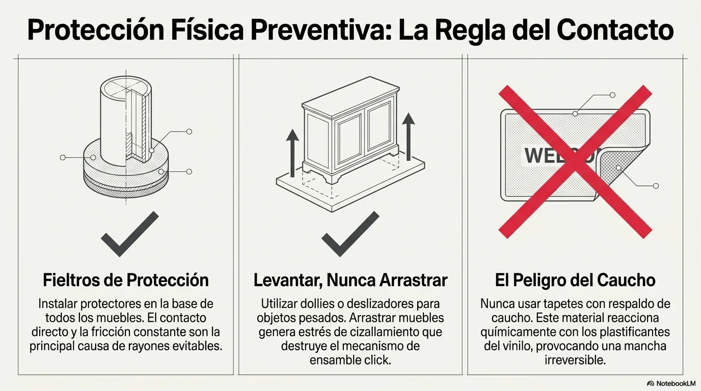 Diagrama de la protección preventiva: fieltros bajo las patas, levantar en vez de arrastrar, y tapetes sin respaldo de caucho que mancha el vinilo.