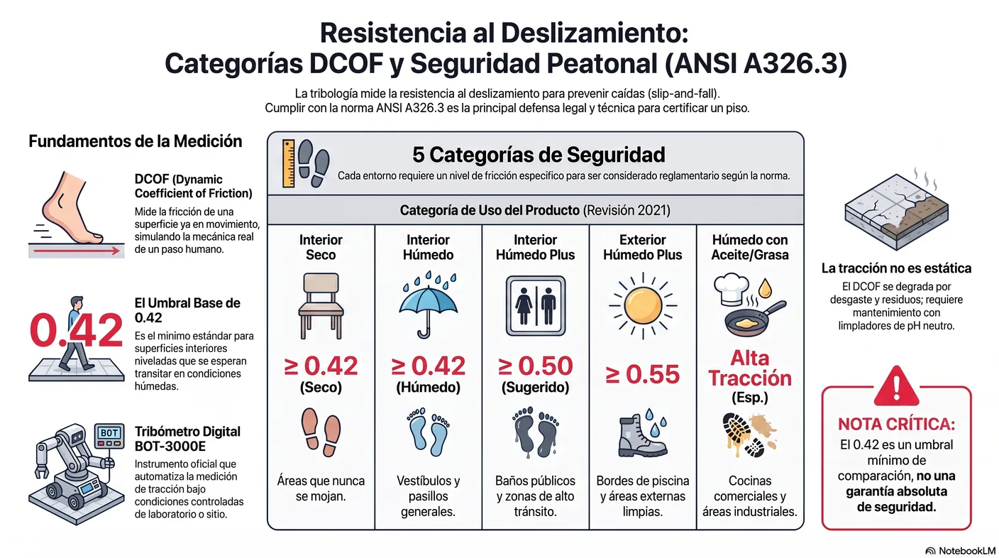 Imagen-tabla de las cinco categorías de uso de la revisión de 2021, desde interior seco hasta exterior y zonas con aceites, cada una con su mínimo de DCOF.