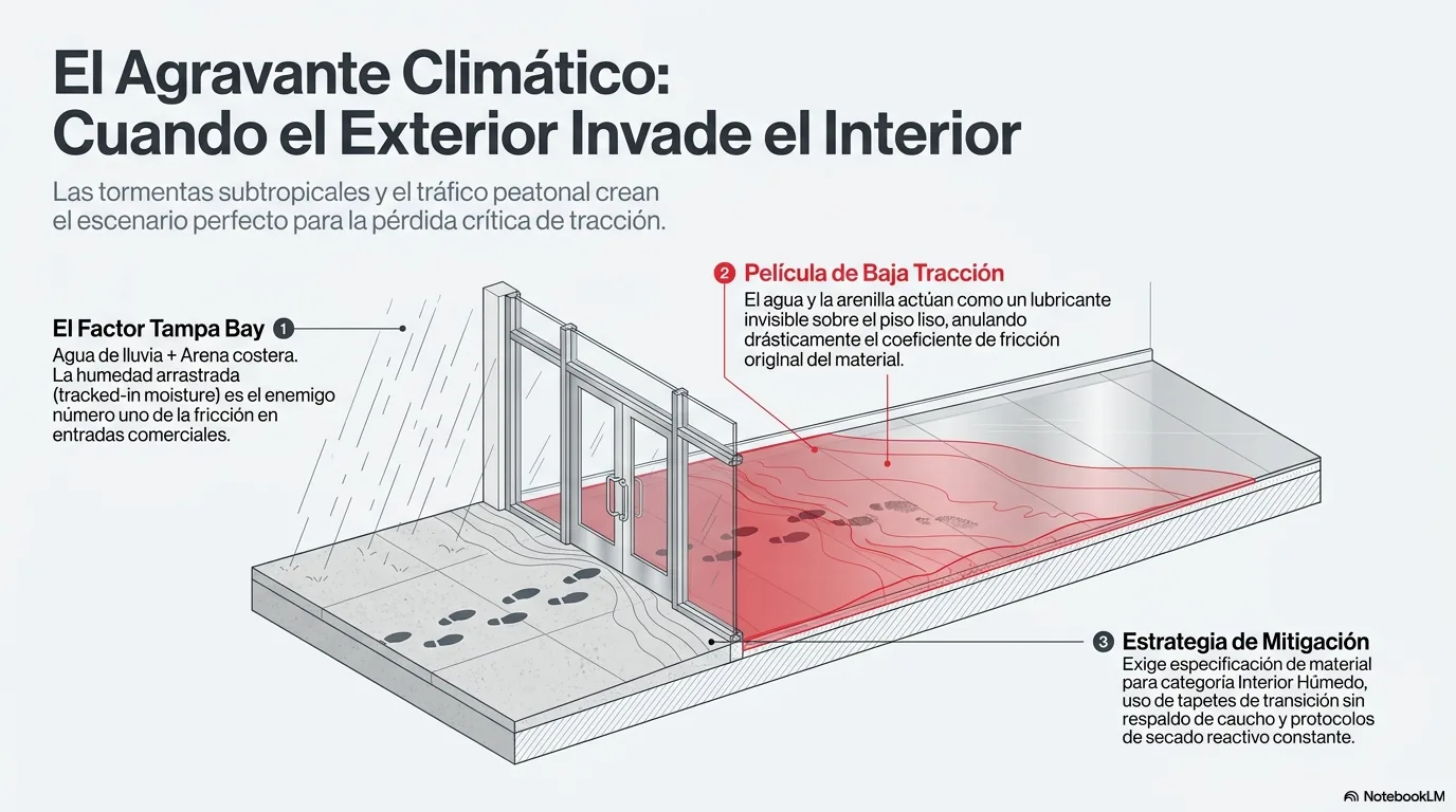 Diagrama de la humedad arrastrada: las tormentas mojan los accesos y los peatones llevan el agua, sumada a la arena, a vestíbulos y pasillos, bajando la tracción.