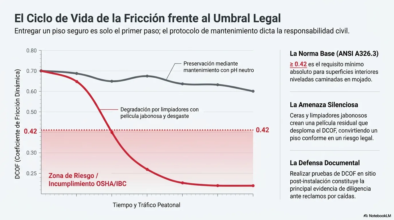 Diagrama que muestra cómo el DCOF cae con el tiempo por los residuos de limpieza, el desgaste y los contaminantes, y cómo el mantenimiento lo preserva.