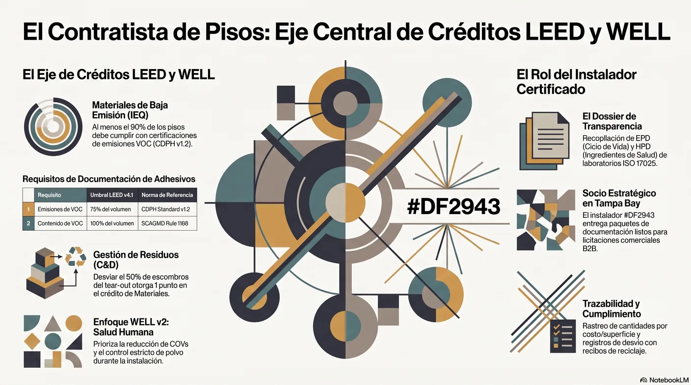 Diagrama del equipo de certificación de un proyecto verde donde el contratista de pisos aporta los datos técnicos —certificados de emisiones, declaraciones ambientales y registros de residuos— que el equipo necesita para sumar el crédito.
