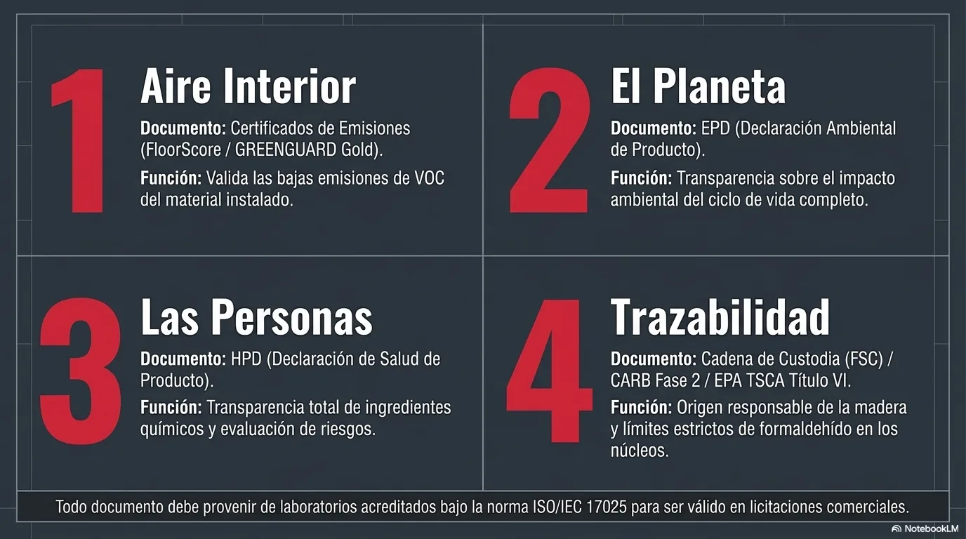 Infografía de las cuatro acciones documentales del instalador en un proyecto verde: recopilar los certificados y declaraciones, rastrear las cantidades conformes, registrar el desvío de residuos y coordinar temprano con la versión LEED del proyecto.