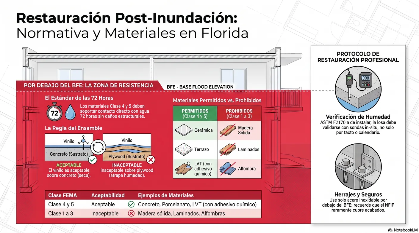 Diagrama que ubica la elevación de inundación base, o BFE, dentro de un área de riesgo especial de inundación mapeada por FEMA, y muestra que todo lo construido por debajo de esa línea debe usar materiales resistentes al daño por inundación.