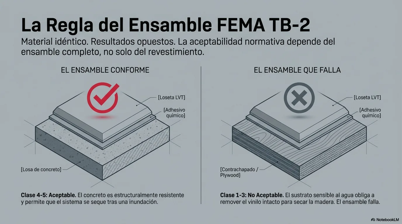 Diagrama que muestra por qué la misma loseta de vinilo es aceptable sobre una losa de concreto, que seca, pero no sobre un piso de plywood, que debe arrancarse para secar el sustrato: la aceptabilidad depende del ensamble, no solo del material.