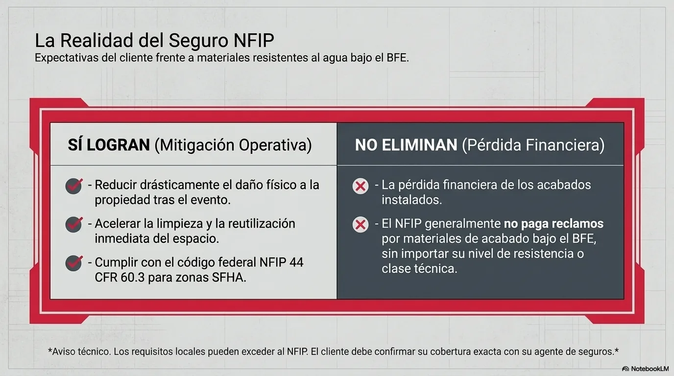 Aviso que aclara que el seguro de inundación federal, por lo general, no paga los materiales de acabado dañados por debajo de la línea de inundación aunque sean resistentes: reducen el daño y aceleran la reutilización, pero no eliminan la pérdida ni la convierten en un reclamo cubierto.