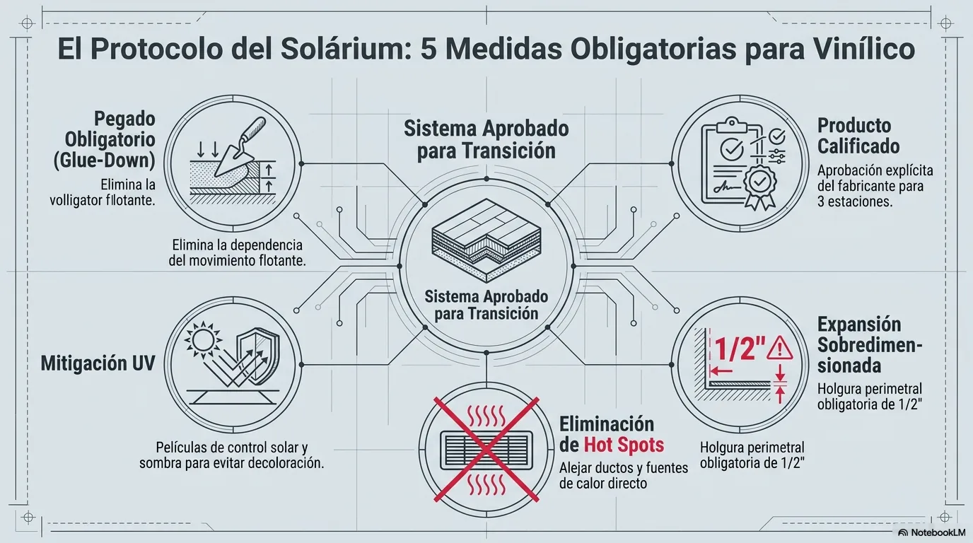 Infografía del sistema correcto cuando el producto admite un espacio de transición: instalación pegada que controla la expansión, producto específicamente calificado, juntas de expansión sobredimensionadas, mitigación de la radiación ultravioleta y eliminación de puntos calientes.