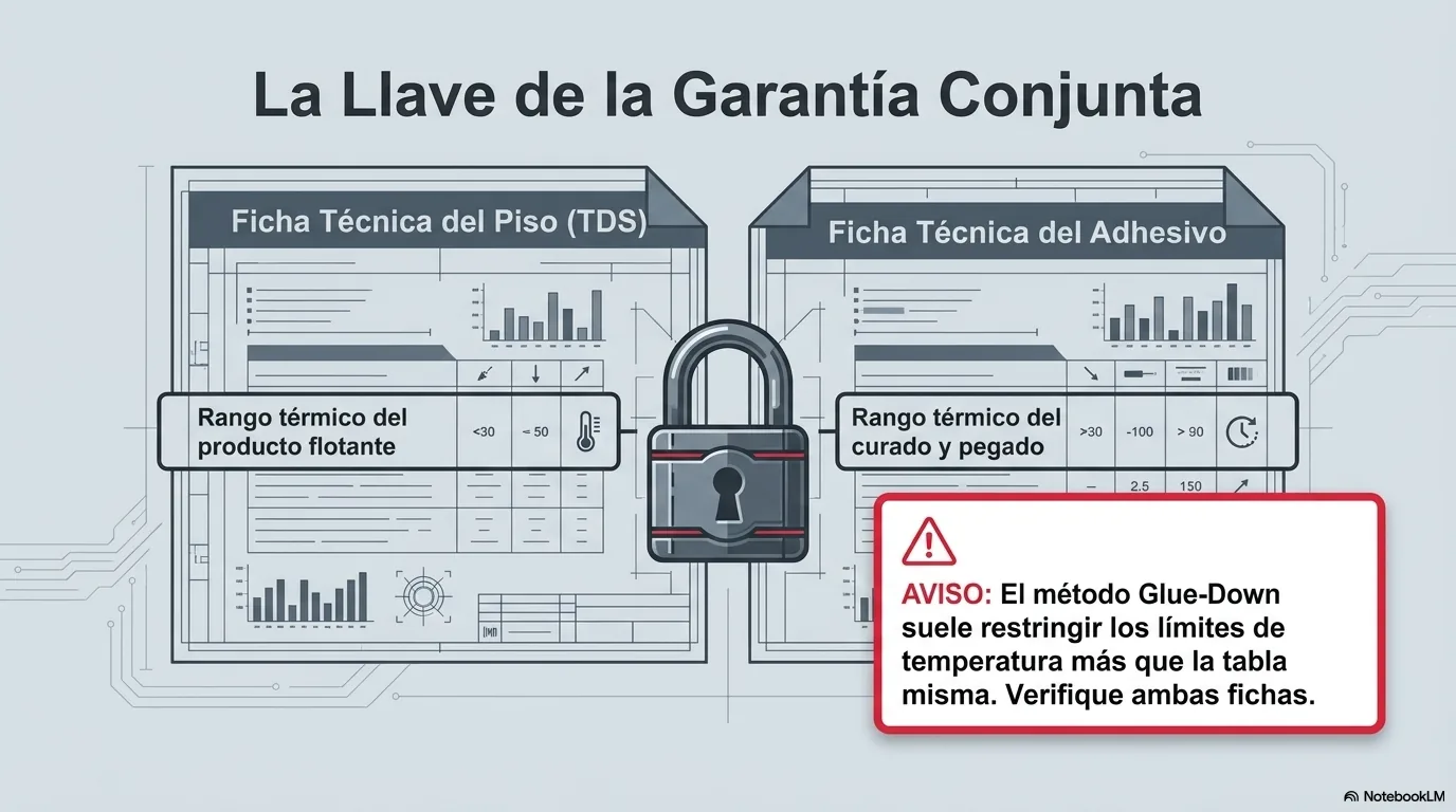 Diagrama que muestra que en un pegado de solárium se verifican dos fichas técnicas, la del piso y la del adhesivo, porque el método pegado tiene sus propias reglas de temperatura y algunos productos restringen el rango del glue-down más que el del flotante.
