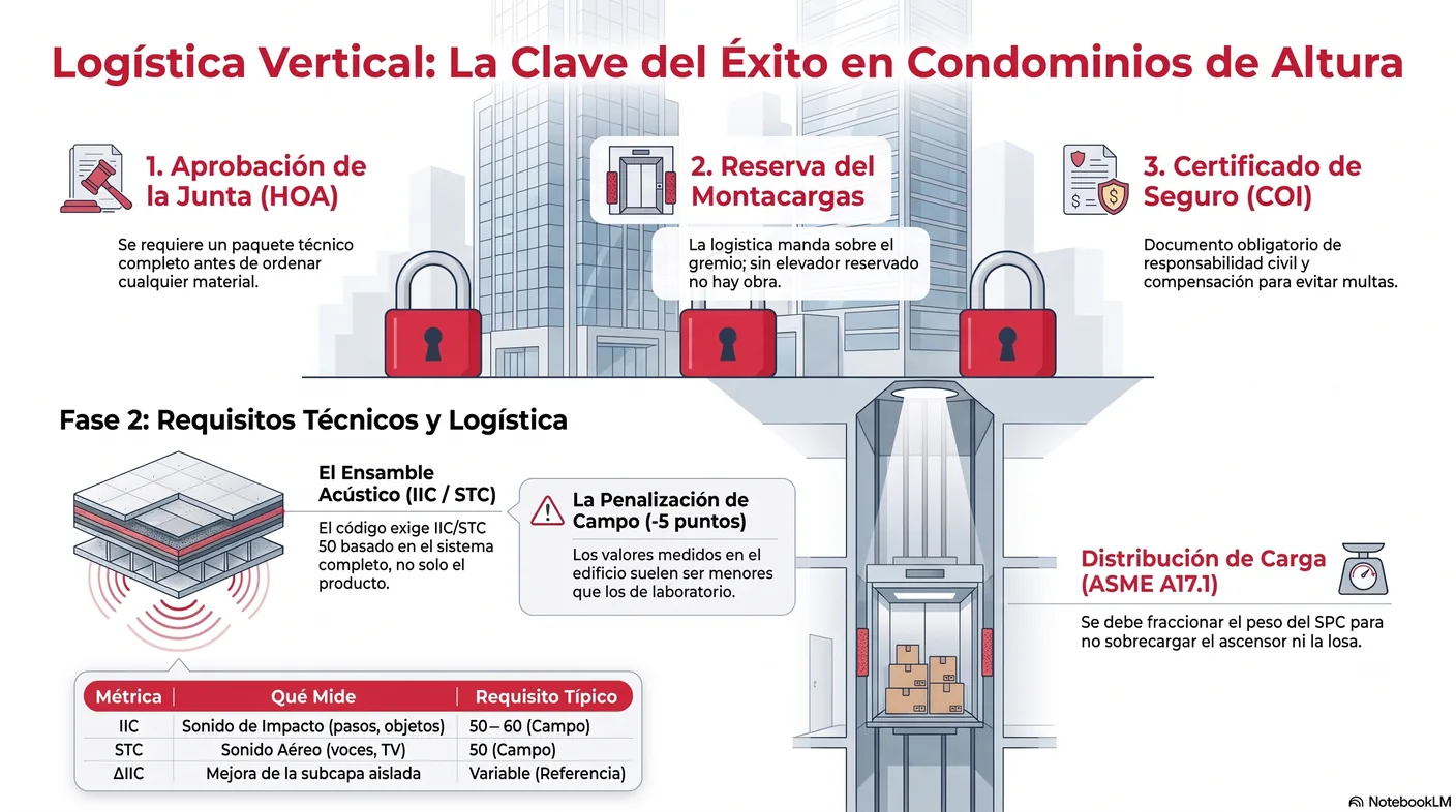 Diagrama que muestra que en un edificio de altura la fecha de inicio la determinan las aprobaciones y la logística, no la disponibilidad del gremio: primero se aseguran la aprobación de la junta, la reserva del montacargas y el certificado de seguro, y recién entonces se comprime el trabajo en la ventana permitida.