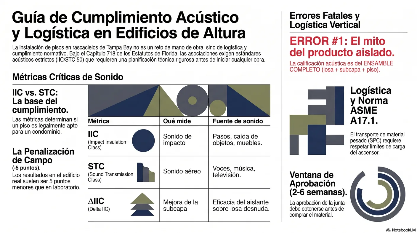 Imagen-tabla de las tres métricas acústicas: la clase de aislamiento al impacto para las pisadas, la clase de transmisión de sonido para el ruido aéreo, y la mejora delta que aporta el revestimiento sobre la losa desnuda, con el recordatorio de que la calificación es del ensamble completo y no del producto aislado.