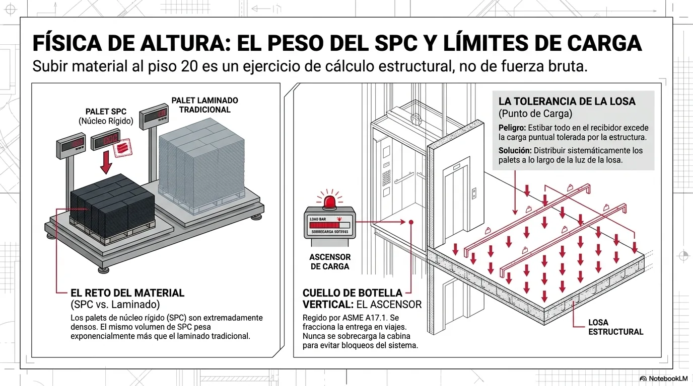 Diagrama de la operación vertical: reserva del montacargas con almohadillado de protección y horarios aprobados, prohibición de almacenar en pasillos con rutas protegidas para escombros y limpieza diaria, respeto de los límites de carga del ascensor y de la losa, y el depósito reembolsable que muchas asociaciones exigen por daños a áreas comunes.