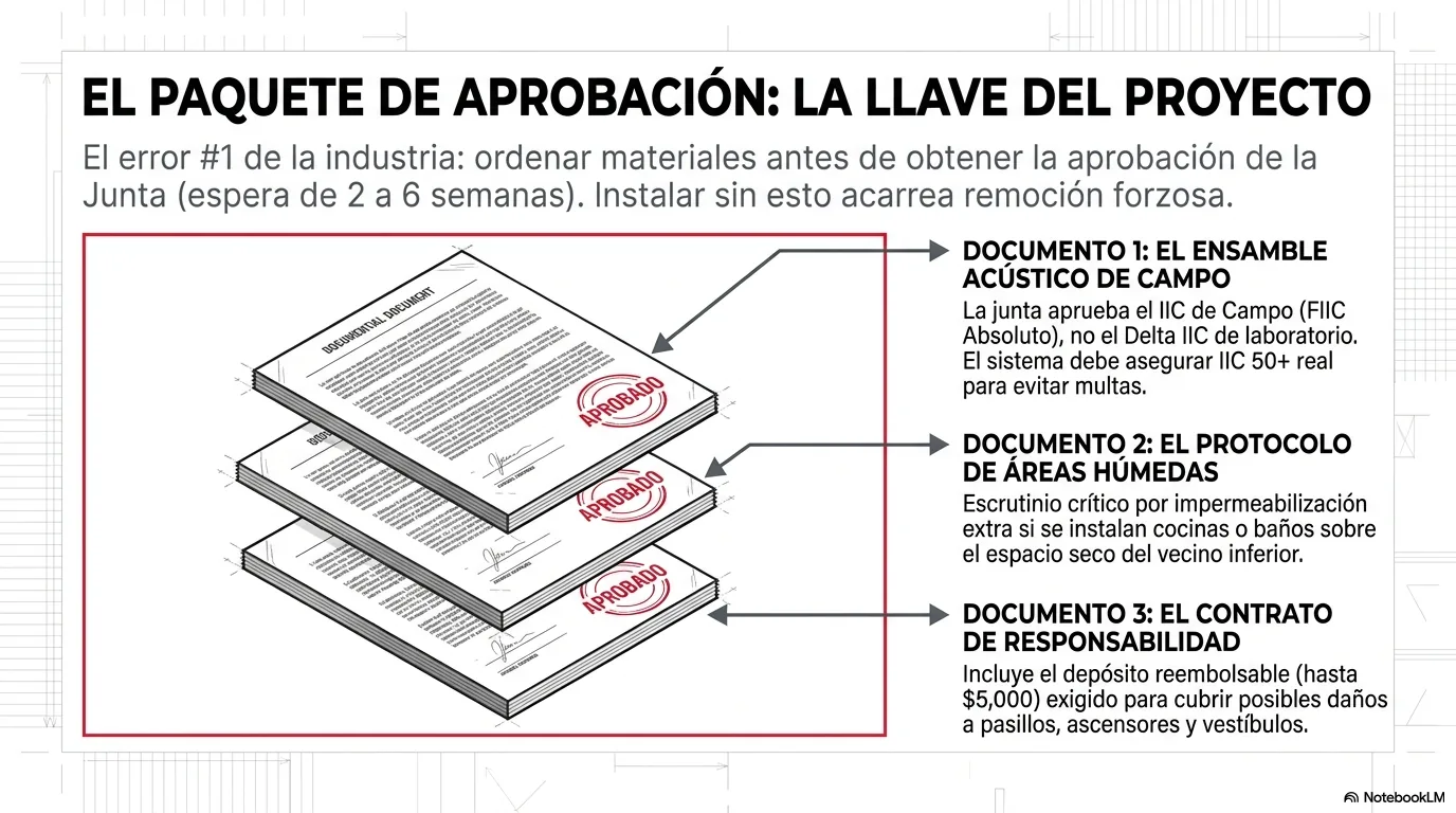 Diagrama del marco legal: el Capítulo 718 otorga a la asociación autoridad sobre las alteraciones de las unidades, las áreas húmedas sobre el espacio seco de un vecino reciben escrutinio extra por impermeabilización, y la aprobación de la asociación no reemplaza el permiso municipal, que es un trámite separado.