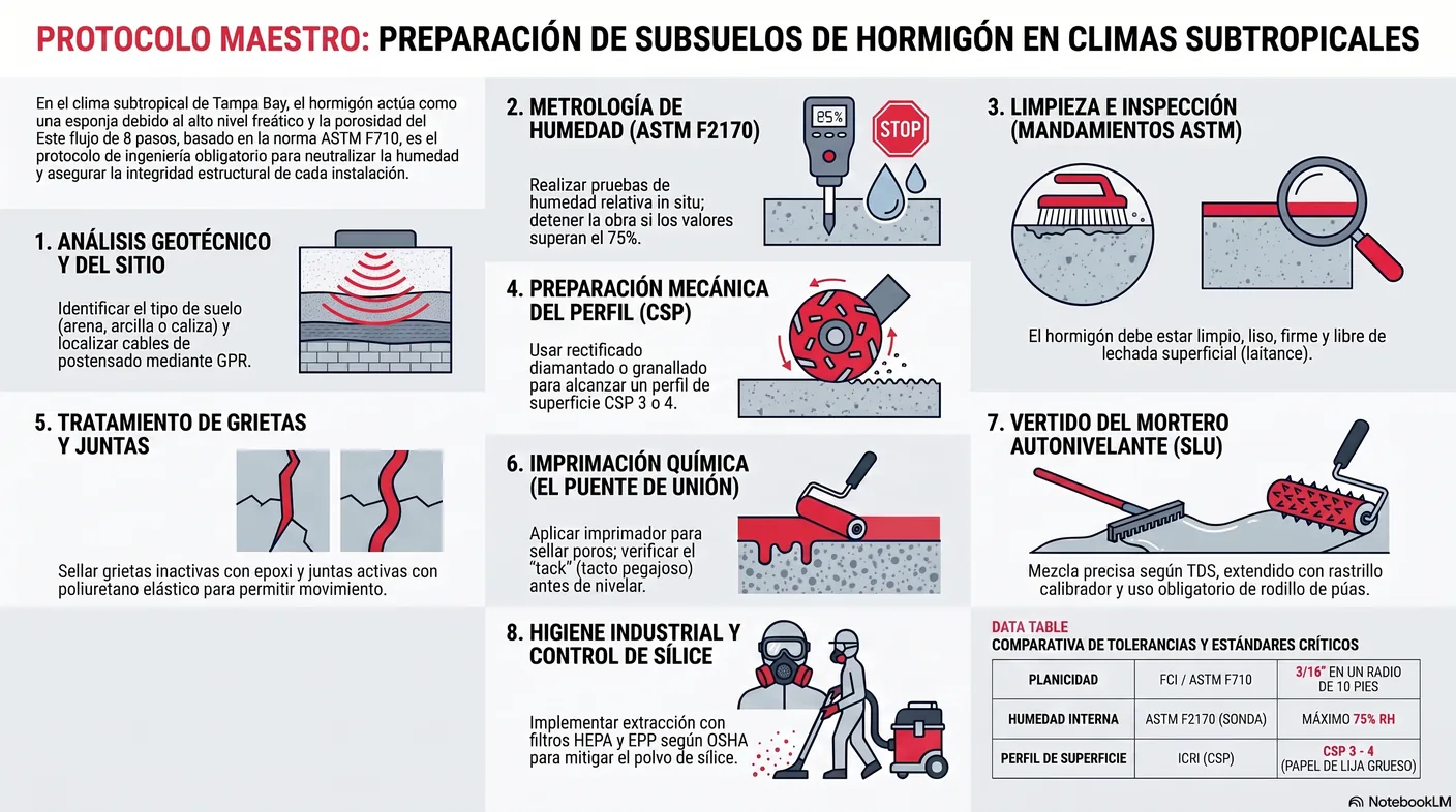 Infografía del procedimiento de autonivelante: preparar CSP, imprimar, prueba del tack, mezclar y reposar, verter, rastrillo calibrador, rodillo de púas y curar.