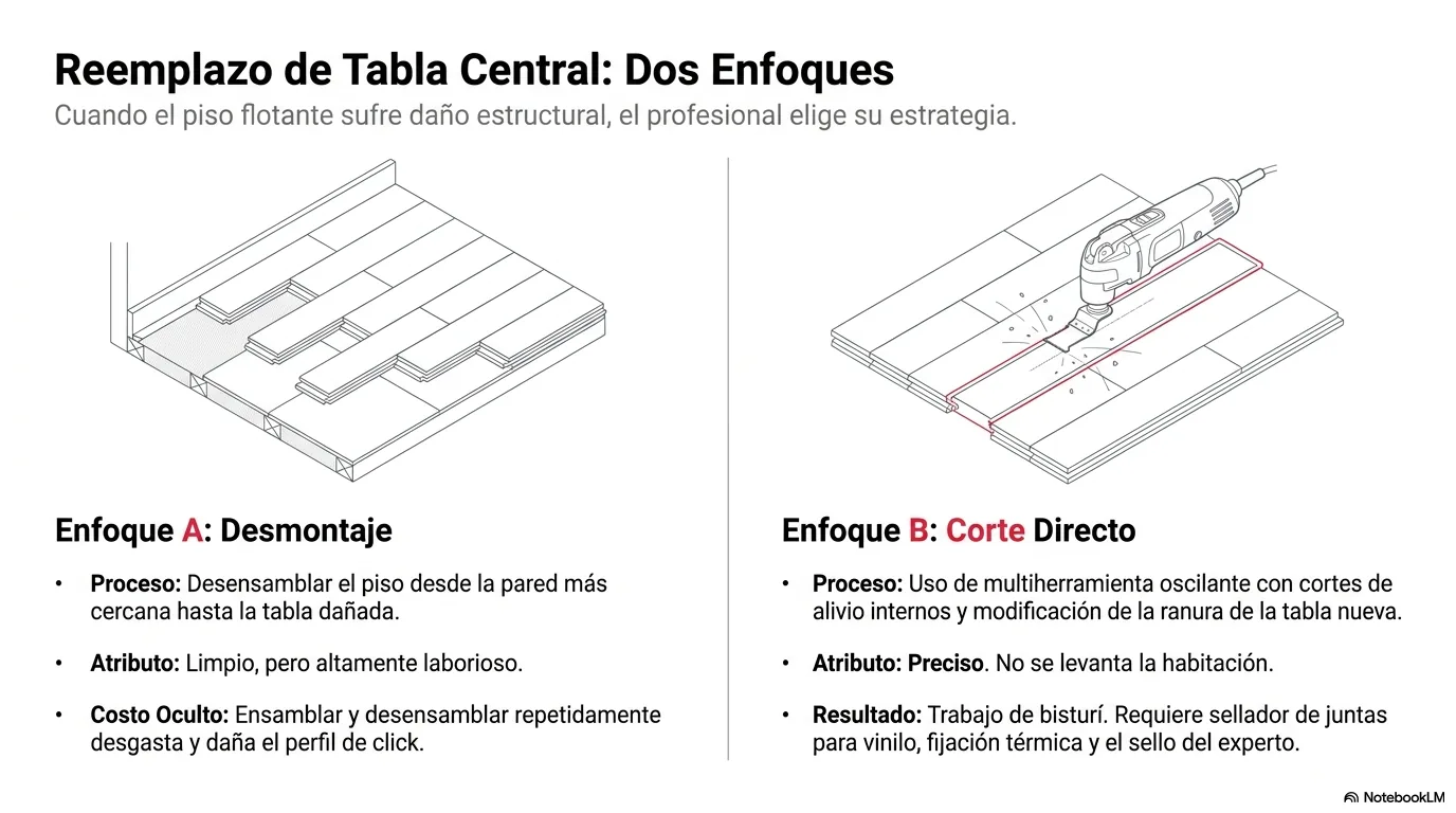 Diagrama que compara el método de desmontaje desde la pared con el método de corte sin desmontar, y cuándo conviene cada uno.