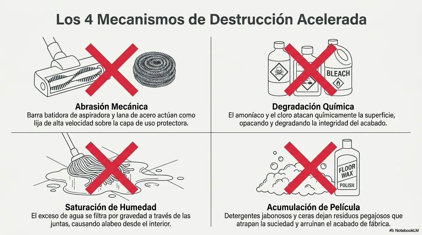 Diagrama que explica el daño de cada producto: el amoníaco y el cloro atacan el acabado, los jabones dejan película, el exceso de agua se filtra y el vinagre opaca con el tiempo.