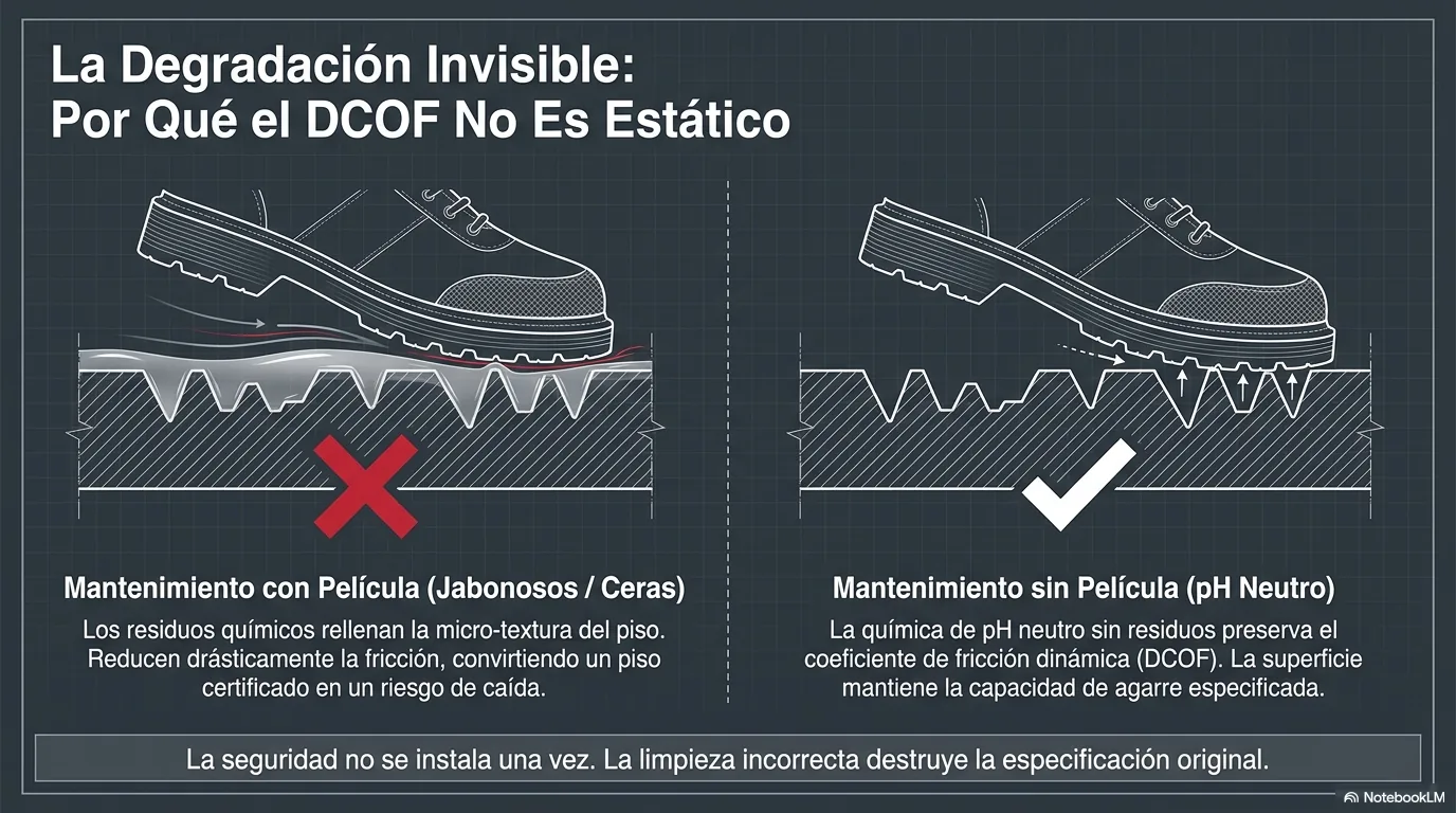 Diagrama que muestra cómo los limpiadores que dejan película forman una capa lisa que baja el DCOF, frente al pH neutro sin residuo que lo preserva.