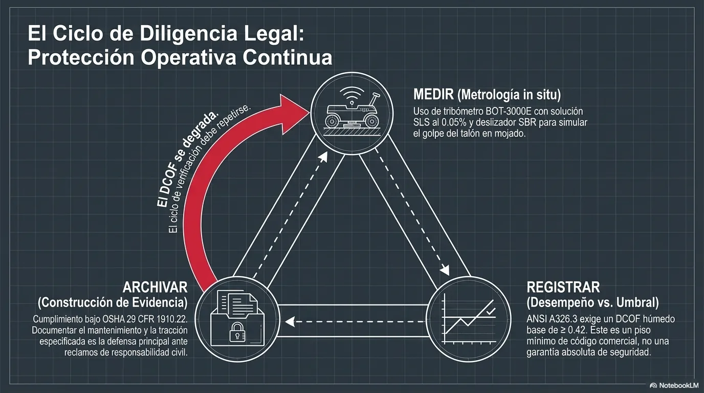 Diagrama que muestra la medición periódica del DCOF con tribómetro y su documentación como evidencia de diligencia continua en seguridad.