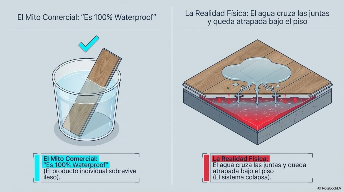 Diagrama que muestra una tabla SPC sumergida que sale intacta, contrastada con el agua que cruza las juntas y se asienta sobre el subsuelo.