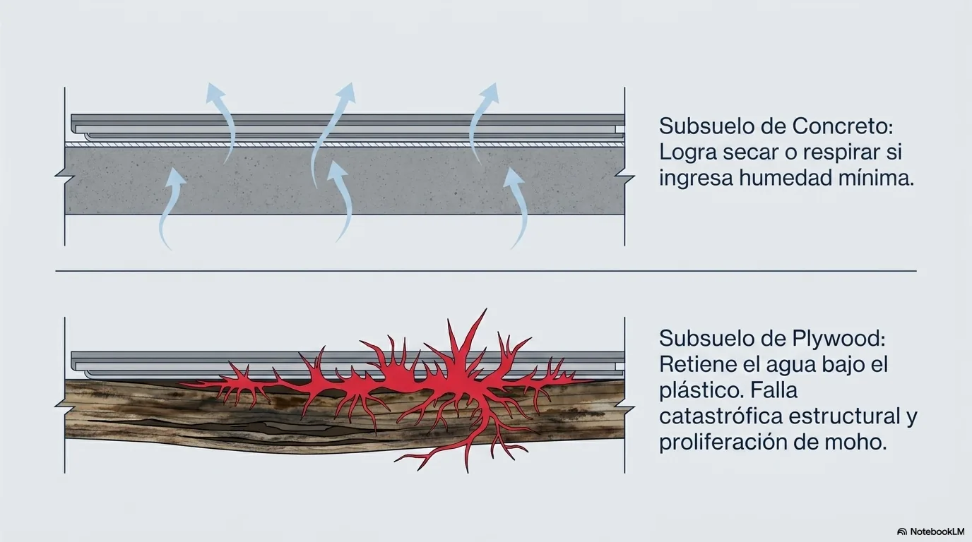 Diagrama que muestra que el mismo vinilo es aceptable sobre concreto, que seca, pero no sobre contrachapado, que hay que arrancar para secar.