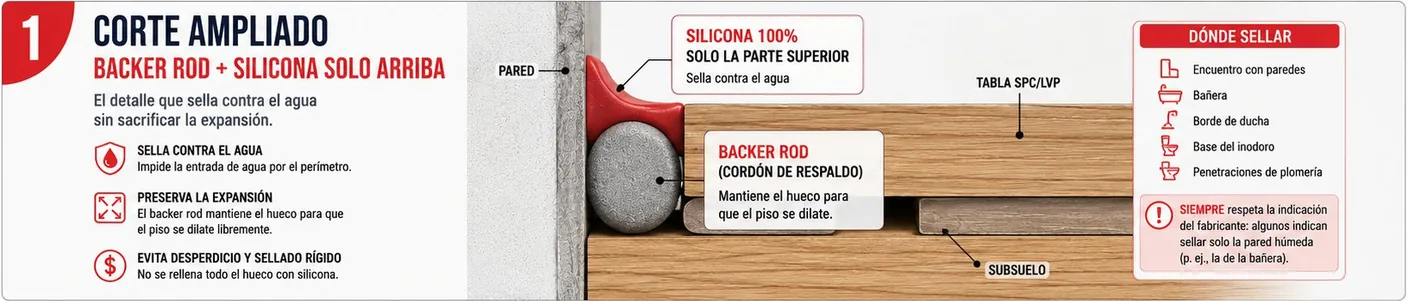 Diagrama en corte del hueco de expansión con cordón de espuma de respaldo en el fondo y silicona solo en la parte superior, preservando el movimiento del piso.
